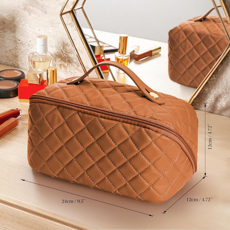 GHIME Cosmetic Bag for Women Makeup Bag PU Leather Portable and Large Capacity Makeup Storage Bag with Handle and Divider 2 Brown Travel - Image 5