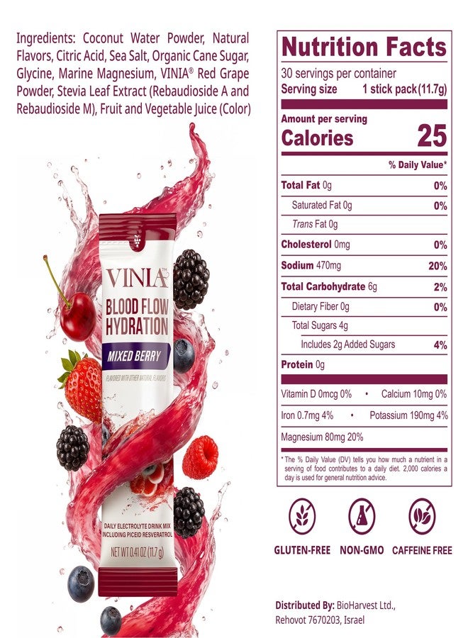 VINIA Resveratrol Electrolyte Hydration Powder Mix, Mix Berry | Boost Blood Flow & Circulation | Sea Salt, Coconut Water Potassium, Magnesium, Informed Sport Certified, 30 Sticks - Image 2
