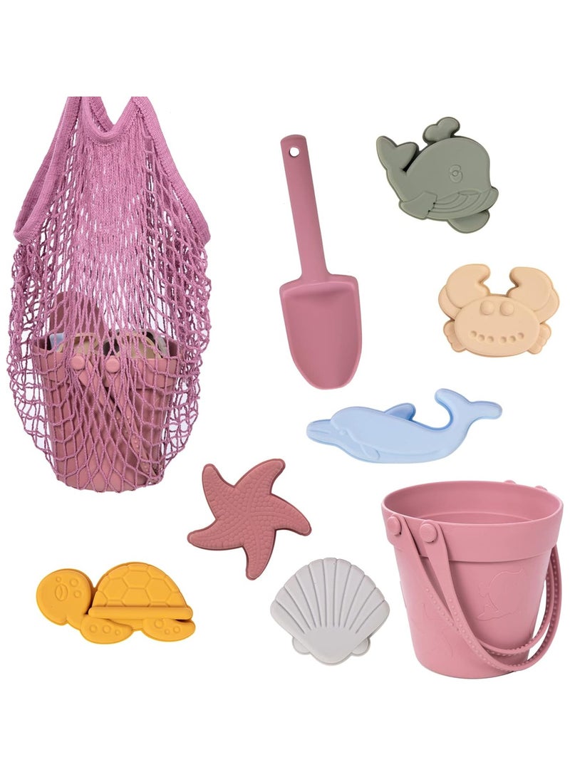 جورونب ٩ قطع من ألعاب الشاطئ المصنوعة من السيليكون، مع دلو رمل، مجرفة، ٦ قوالب ثلاثية الأبعاد بطابع بحري، وحقيبة شاطئ شبكية محمولة، مجموعة ألعاب رمل خارجية للأطفال الصغار، من ٣ إلى ٨ سنوات (بنفسجي وردي) - Image 2