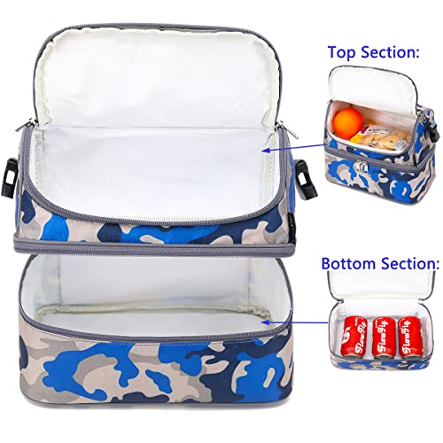 FlowFly Kids Double Decker Cooler Insulated Lunch Bag Large Tote for Boys, Girls, Men, Women, With Adjustable Strap, Blue Camo - Image 5