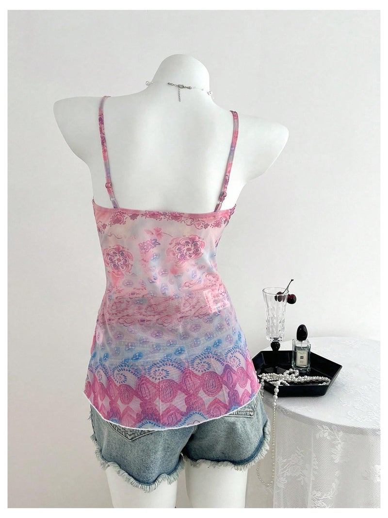 Verdusa Women's Y2k Mesh Tank Top Babydoll Floral Camisole 2000s Clothing Ruffle Going Out Tops Pink a - Image 2