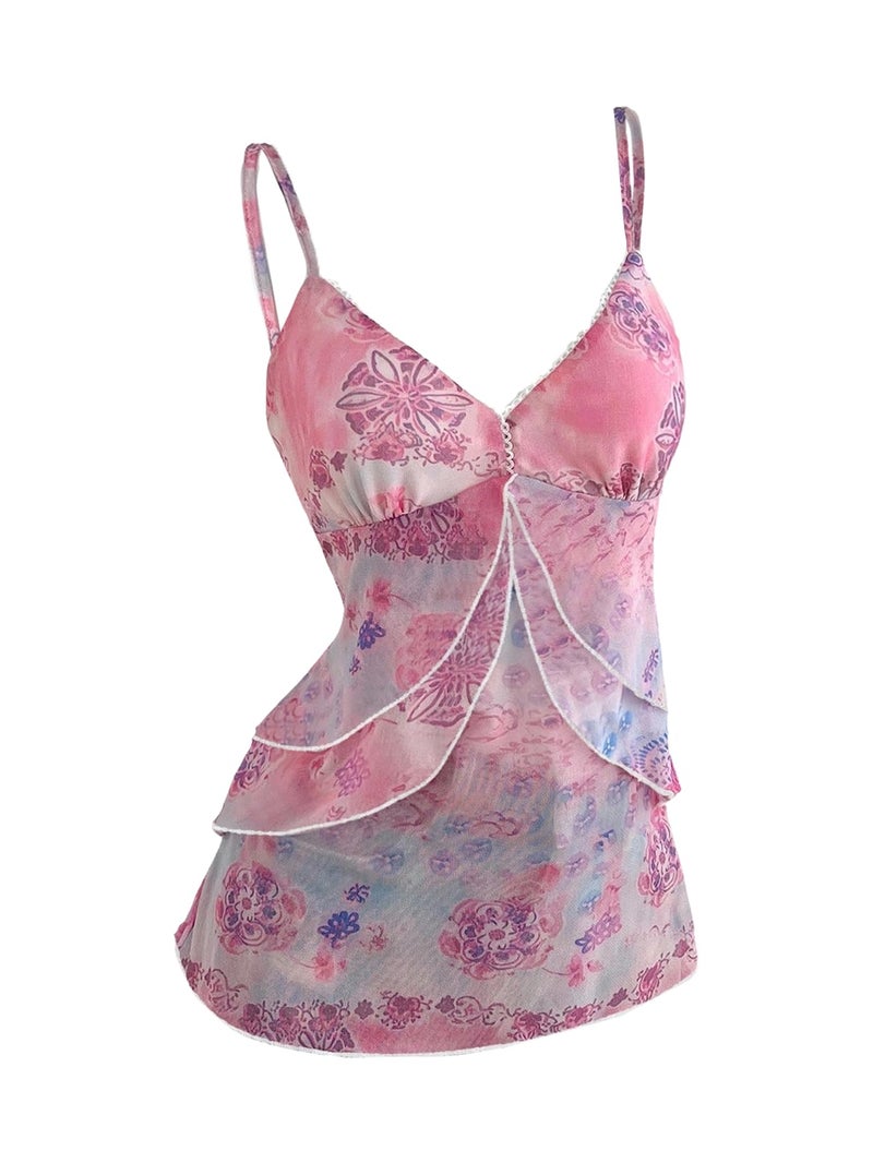 Verdusa Women's Y2k Mesh Tank Top Babydoll Floral Camisole 2000s Clothing Ruffle Going Out Tops Pink a - Image 1