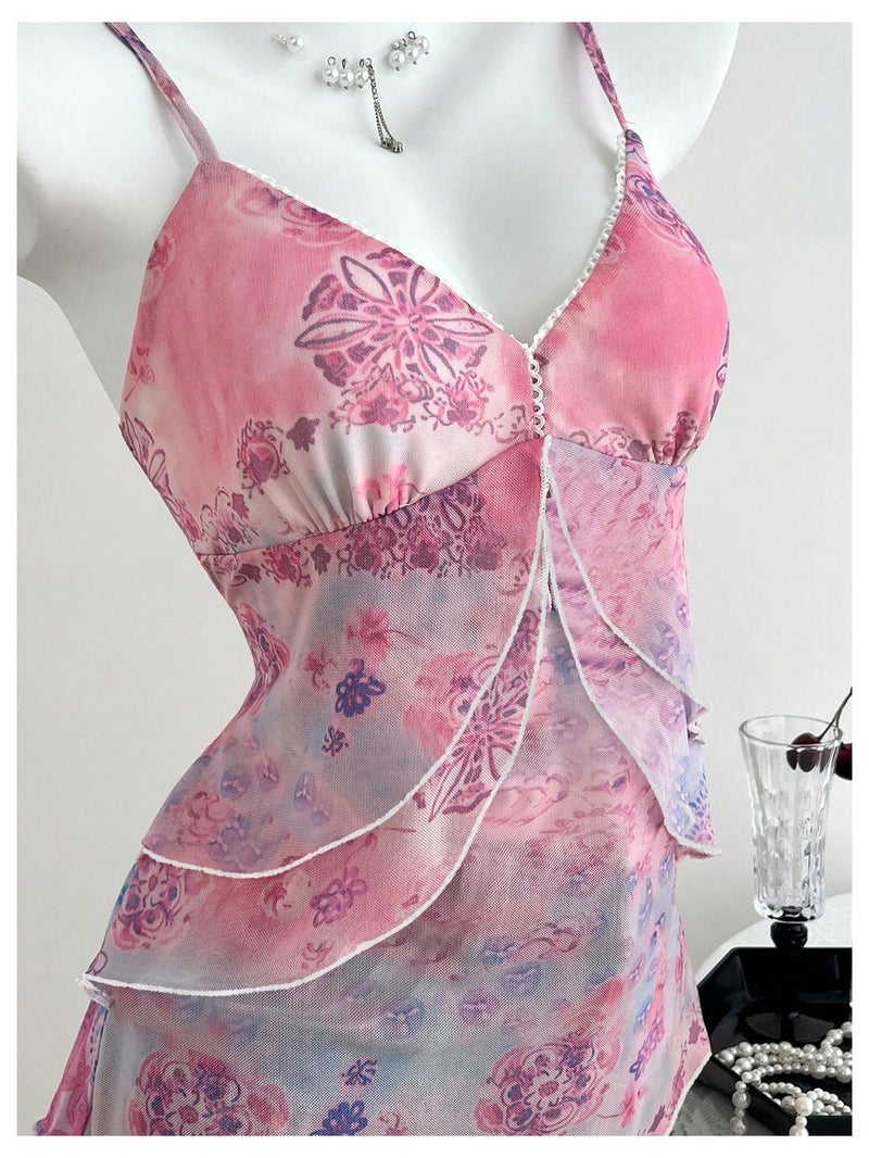 Verdusa Women's Y2k Mesh Tank Top Babydoll Floral Camisole 2000s Clothing Ruffle Going Out Tops Pink a - Image 5