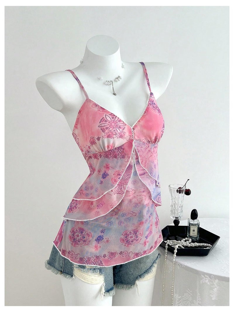 Verdusa Women's Y2k Mesh Tank Top Babydoll Floral Camisole 2000s Clothing Ruffle Going Out Tops Pink a - Image 3