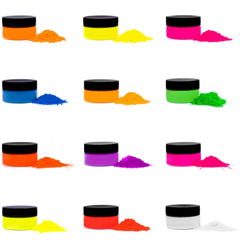 Rolio  Fluorescent Neon Powder  12 Jars of Pigment for Paint Dye Soap Making Nail Polish Epoxy Resin Candle Making Bath Bombs Slime 3g