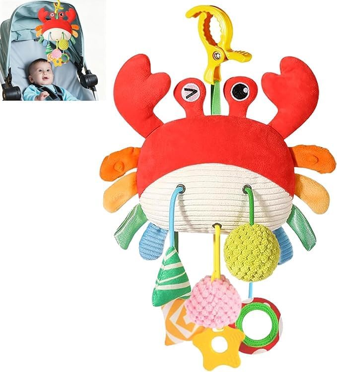 SKY-TOUCH Crab Car Seat Toy for Babies - Multi-Sensory Infant Stroller Toy with Mirror, Bell, Rattles, Crinkle,  Teether - Image 1
