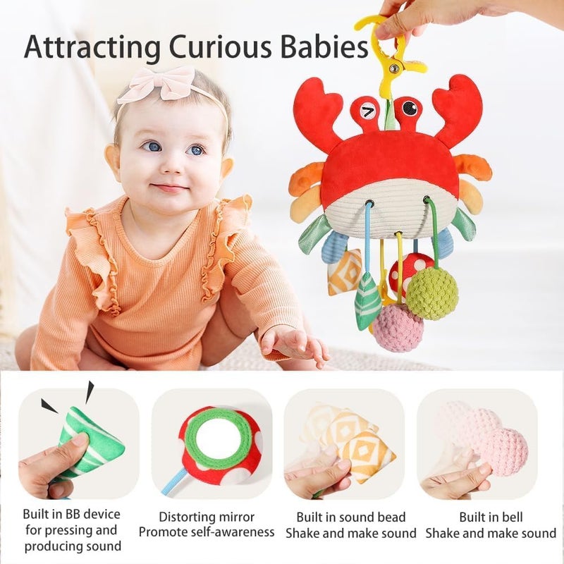 SKY-TOUCH Crab Car Seat Toy for Babies - Multi-Sensory Infant Stroller Toy with Mirror, Bell, Rattles, Crinkle,  Teether - Image 3