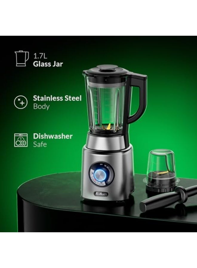 Feller Germany 1200W Blender + Grinder Mill, 1.7L Glass Jar, 2x Safety Lock, Ice Crush/Smoothie/Pulse, Tamper, Variable Speed, 6-Finned Blade, BLG1200, (Stainless Steel) - Image 4