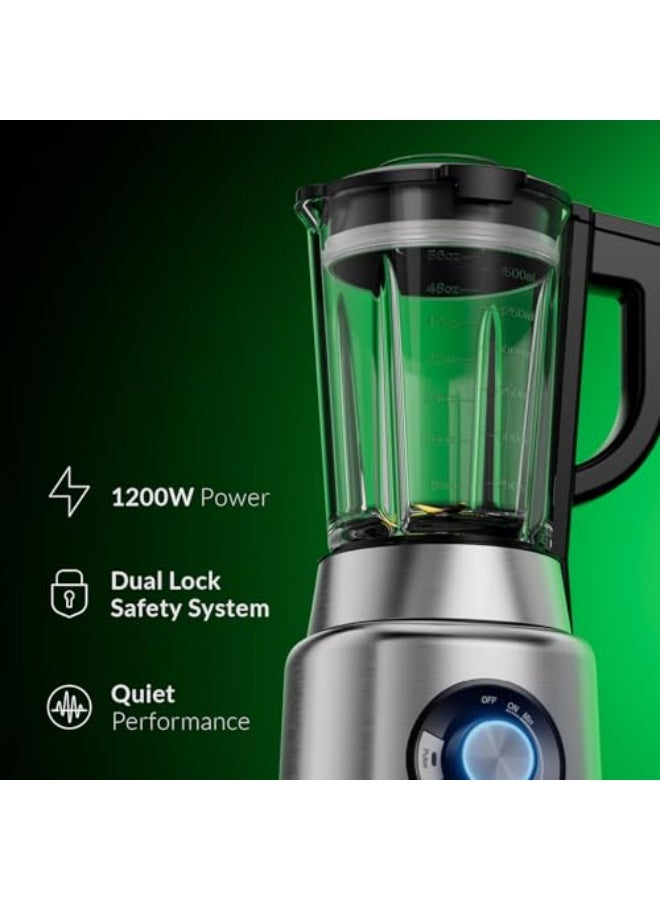 Feller Germany 1200W Blender + Grinder Mill, 1.7L Glass Jar, 2x Safety Lock, Ice Crush/Smoothie/Pulse, Tamper, Variable Speed, 6-Finned Blade, BLG1200, (Stainless Steel) - Image 2