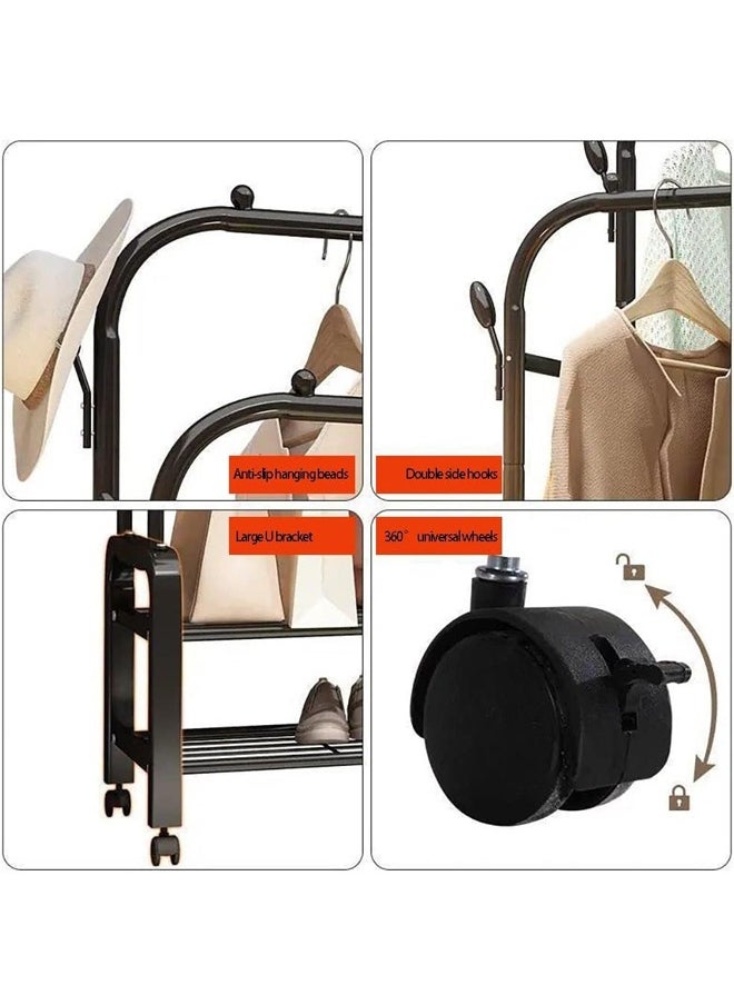 FUMES - Heavy-Duty Double Rod Clothes Rack with Bottom Shelf and Wheels Steel Garment Organizer Stand - Image 1