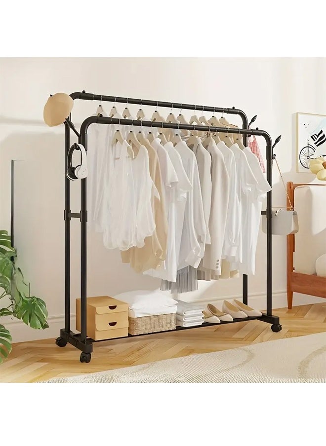 FUMES - Heavy-Duty Double Rod Clothes Rack with Bottom Shelf and Wheels Steel Garment Organizer Stand - Image 1