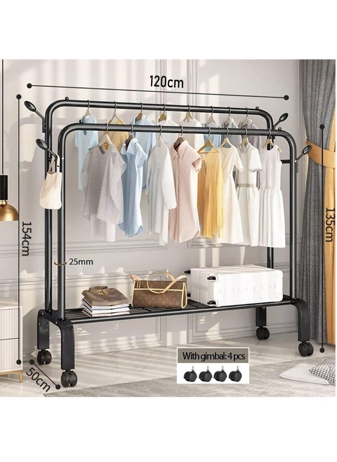 FUMES - Heavy-Duty Double Rod Clothes Rack with Bottom Shelf and Wheels Steel Garment Organizer Stand - Image 1