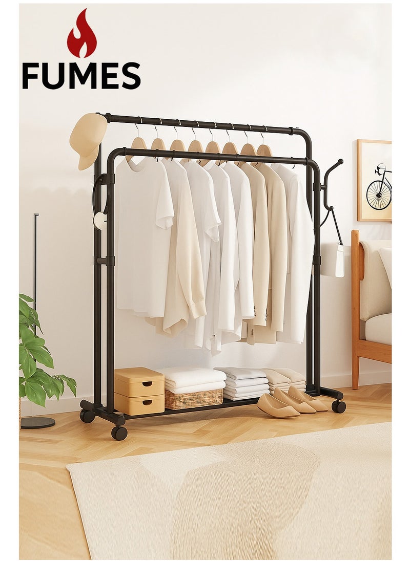 FUMES - Heavy-Duty Double Rod Clothes Rack with Bottom Shelf and Wheels Steel Garment Organizer Stand - Image 1