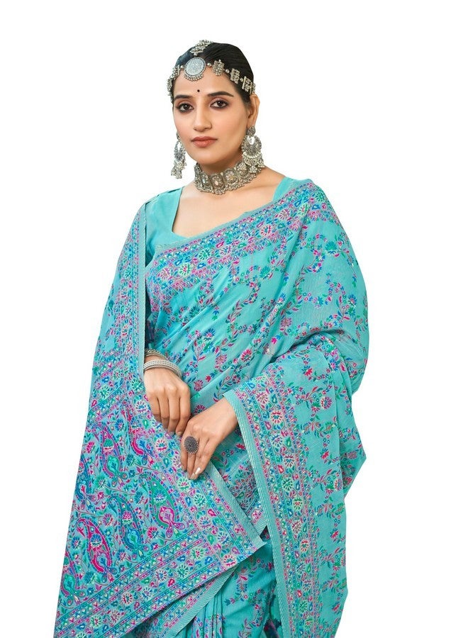 Glory Sarees Women's Kashmiri Cotton Woven Saree With Blouse Piece (Heritage_Silk108_Firozi) - Image 1