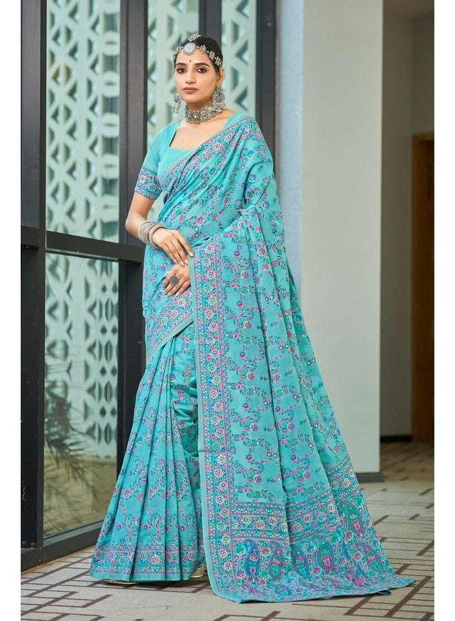 Glory Sarees Women's Kashmiri Cotton Woven Saree With Blouse Piece (Heritage_Silk108_Firozi) - Image 2