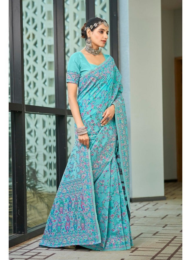 Glory Sarees Women's Kashmiri Cotton Woven Saree With Blouse Piece (Heritage_Silk108_Firozi) - Image 4