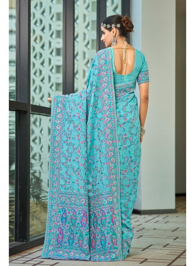 Glory Sarees Women's Kashmiri Cotton Woven Saree With Blouse Piece (Heritage_Silk108_Firozi) - Image 5