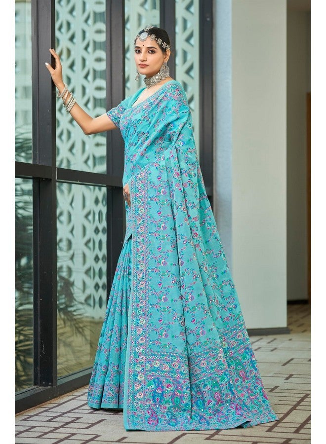 Glory Sarees Women's Kashmiri Cotton Woven Saree With Blouse Piece (Heritage_Silk108_Firozi) - Image 3
