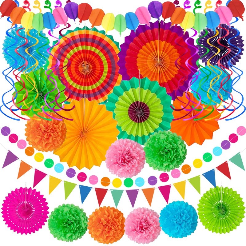 Labrostar 33Pcs Fiesta Decorations Cinco De Mayo Decorations MultiColor Paper Fans Garlands Pennant Pom Poms Hanging Swirls For Birthday Wedding Rainbow Mexican Party - Image 2