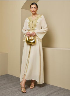Styli A-Line Front Slit Kaftan with Moroccan Buttons and Lace Details  - Image 1