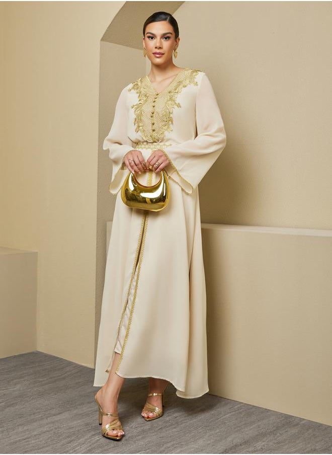 Styli - A-Line Front Slit Kaftan with Moroccan Buttons and Lace Details - Image 1