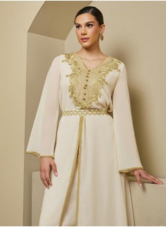 Styli A-Line Front Slit Kaftan with Moroccan Buttons and Lace Details  - Image 2