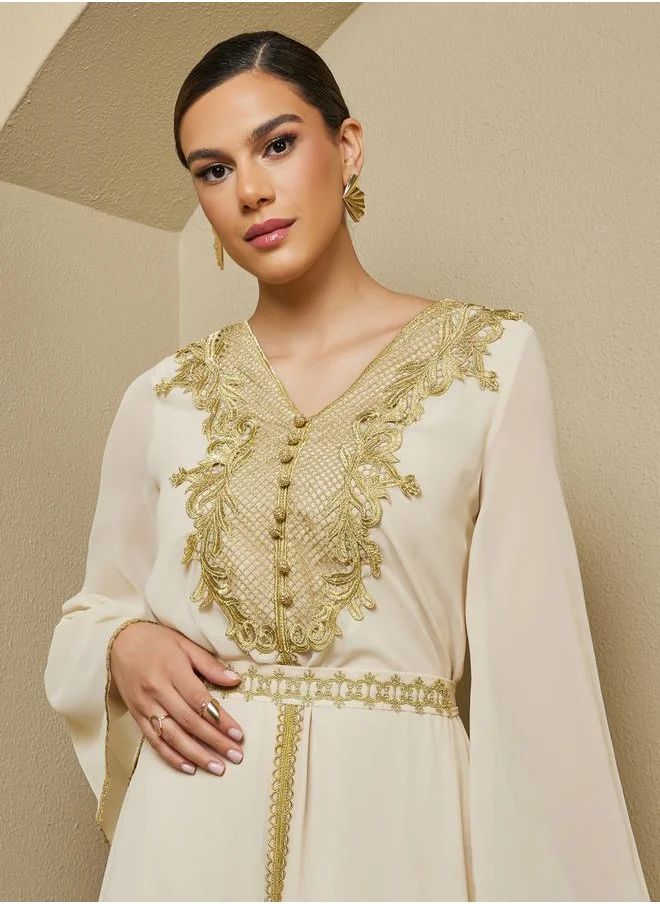 ستايلي A-Line Front Slit Kaftan with Moroccan Buttons and Lace Details
