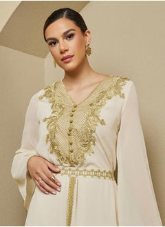 Styli A-Line Front Slit Kaftan with Moroccan Buttons and Lace Details  - Image 4