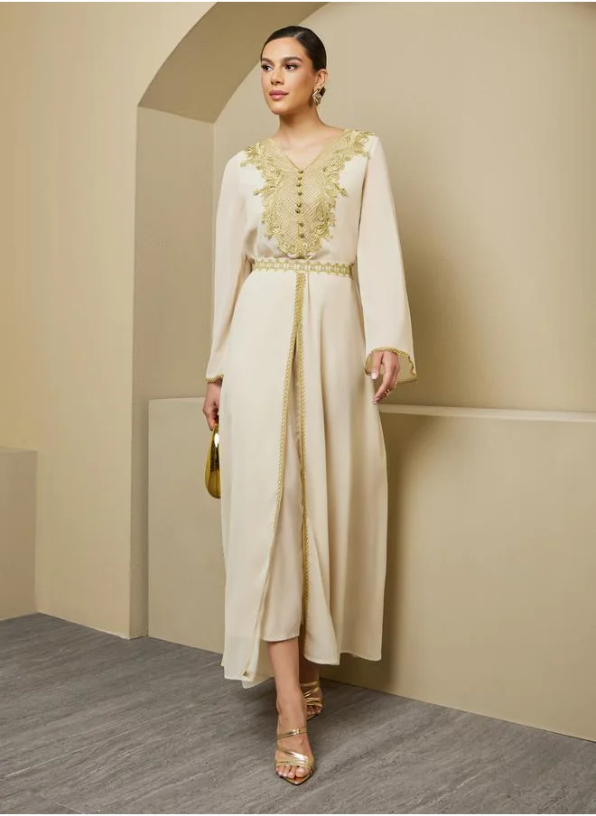 ستايلي A-Line Front Slit Kaftan with Moroccan Buttons and Lace Details