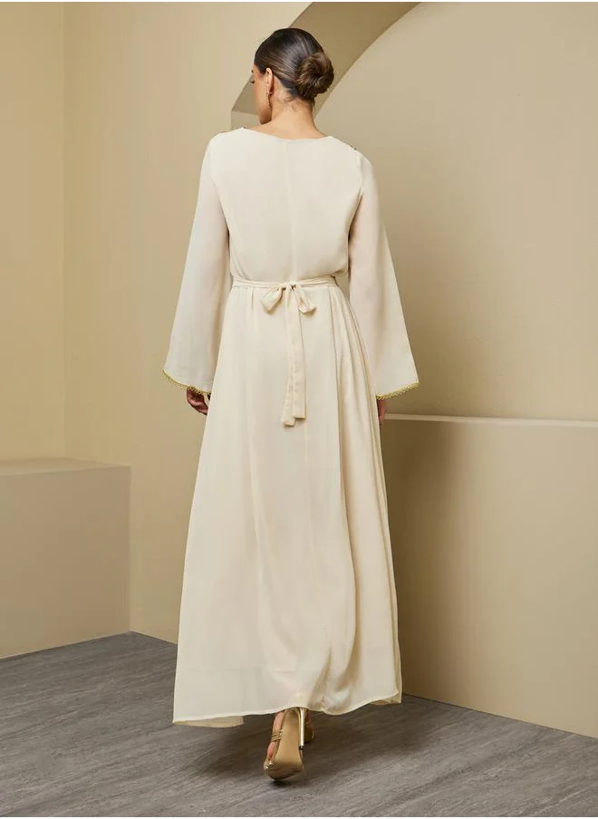 ستايلي A-Line Front Slit Kaftan with Moroccan Buttons and Lace Details