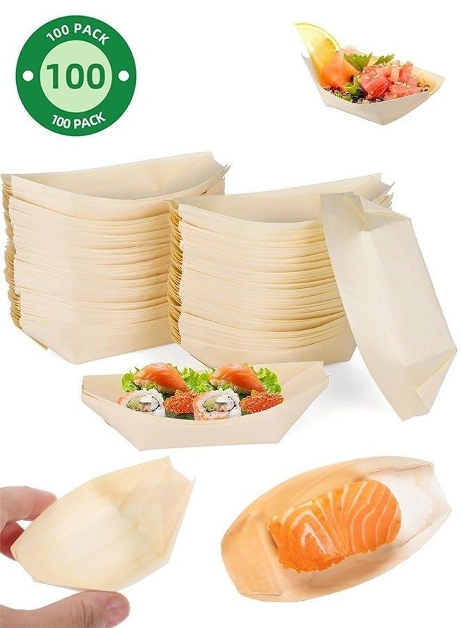 100 Pcs Disposable Bamboo Wooden Mini Sushi Boat Plates, Eco-Friendly Serving Trays for Catering, 11x5.5cm - Image 1