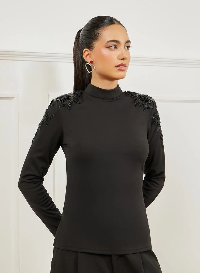 Styli Black Embellished Shoulder Knit Top