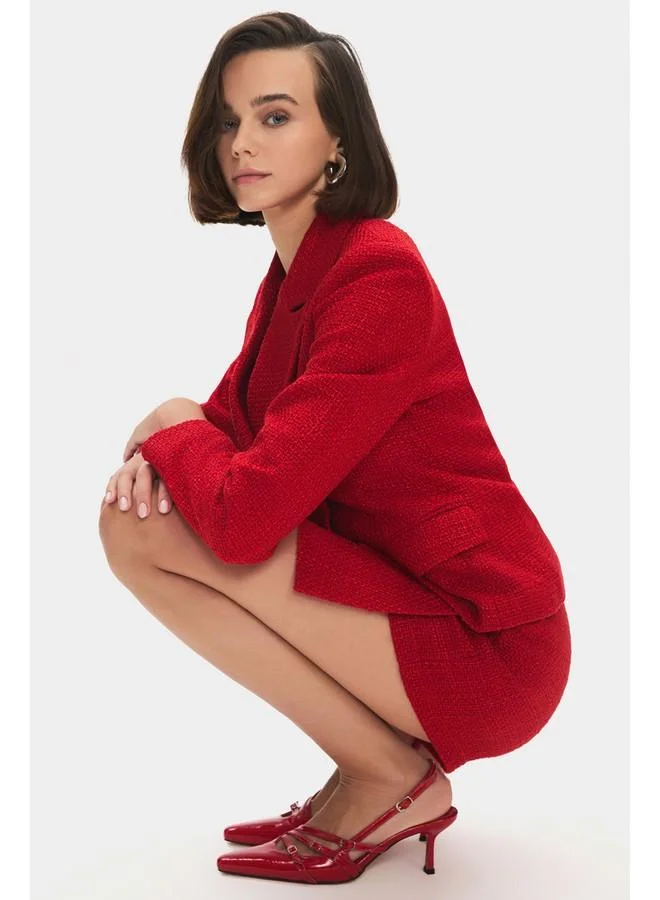 JUNE June Women Cotton Blend Tweed Jacket Mini Skirt Set Red