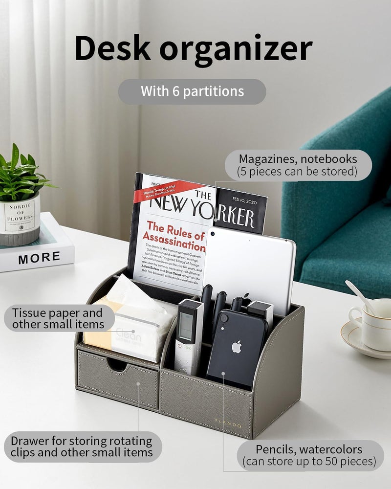 Vlando Desk Organizer with Drawer, Back to School Supplies - 5 Compartment Desktop Storage Holder with Organizer Section for Desk Accessories (Gray) - Image 5