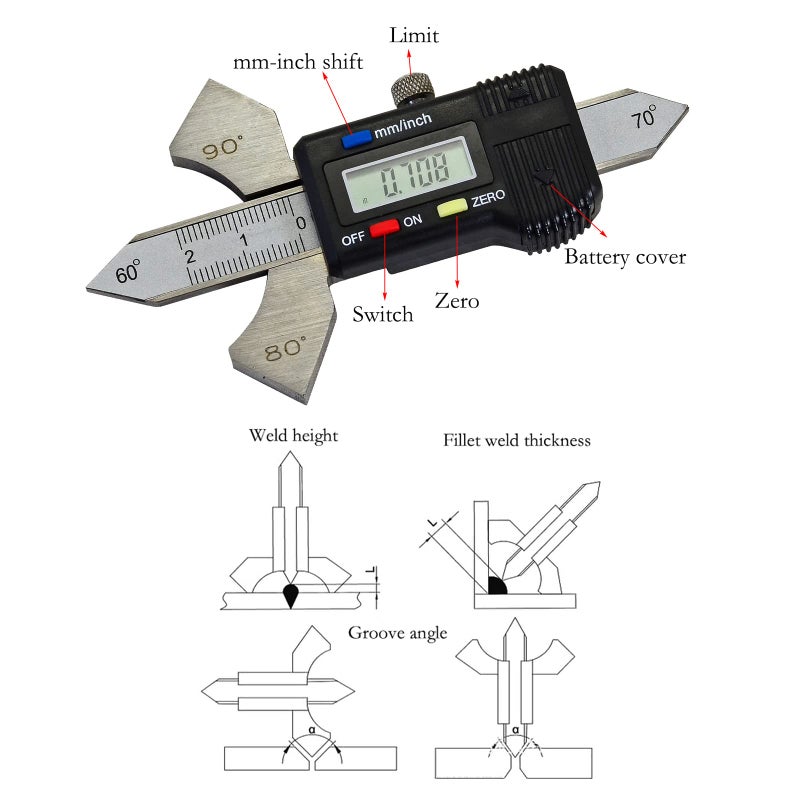 RIVERWELD Digital Readout Welding Gauge Weld Test Ulnar 4 Angle Display on Body: 60°, 70°, 80°, 90° Reading Inch, Metric, Inch Fractional Checks Weld Height Fillet Thickness Bevel Angle - Image 4