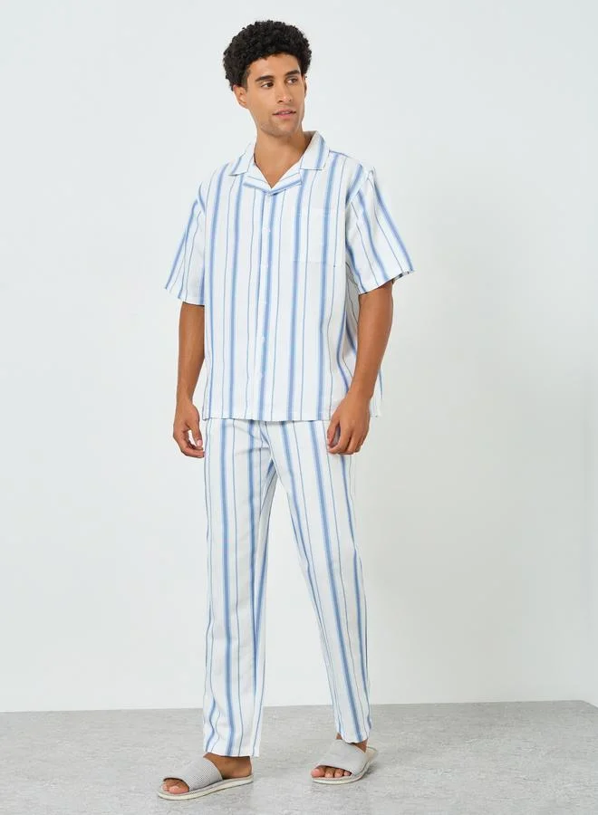 Styli Men Striped Cotton Relaxed Shirt and Pyjama Set