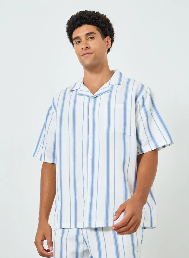 Styli Men Striped Cotton Relaxed Shirt and Pyjama Set