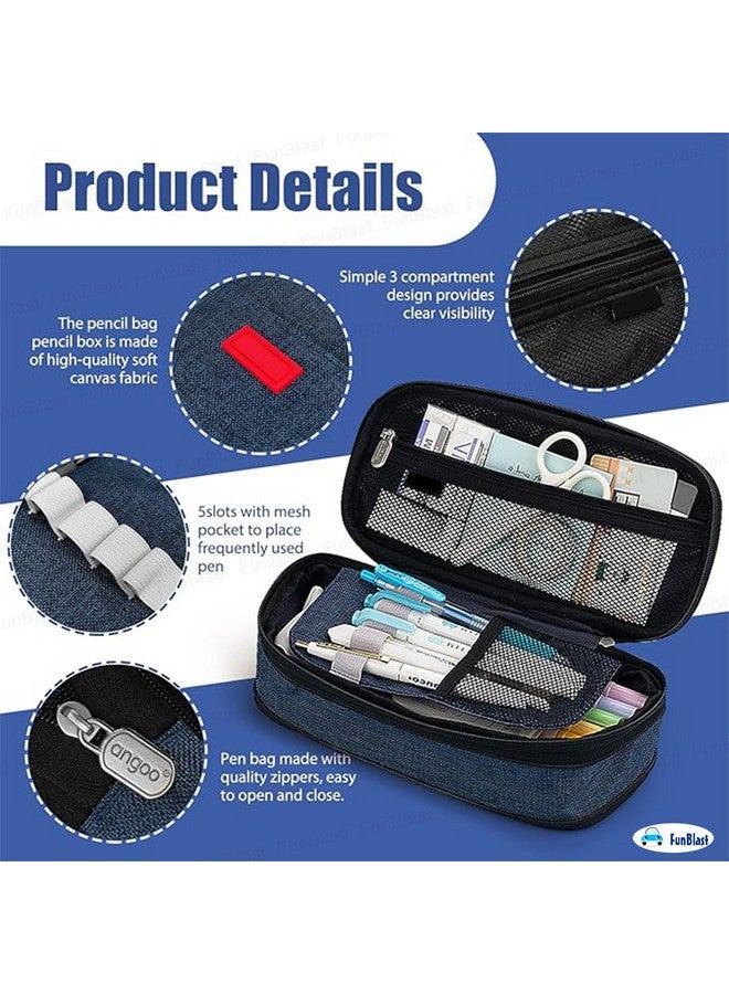 فنبلاست حافظة أقلام فن بلاست كبيرة السعة، متعددة الجيوب بسحاب مزدوج، حقيبة أقلام محمولة، حقيبة جمالية، حافظة أقلام كاواي، حقائب لطيفة للفتيات، حقيبة تنظيم أدوات مكتبية (أزرق) - Image 4