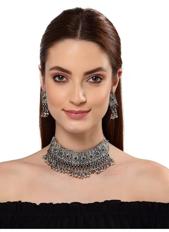 Shining Diva Fashion Latest Stylish Traditional Oxidised Silver Necklace Jewelery Set For Women 13167S  - Image 2