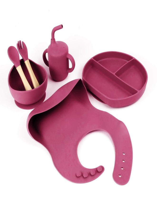Imasafe Silicone Baby Feeding Set | Baby-Led Weaning Essentials | Includes Suction Plate, Bowl, Cup, Spoon, Fork, and Bib | Safe and Durable Baby Feeding Products - 6 Piece (Violet Red) - Image 1