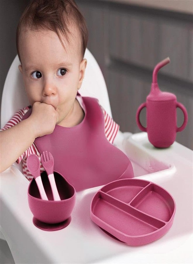Imasafe Silicone Baby Feeding Set | Baby-Led Weaning Essentials | Includes Suction Plate, Bowl, Cup, Spoon, Fork, and Bib | Safe and Durable Baby Feeding Products - 6 Piece (Violet Red) - Image 5