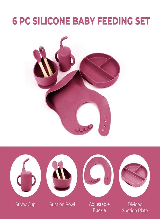 Imasafe Silicone Baby Feeding Set | Baby-Led Weaning Essentials | Includes Suction Plate, Bowl, Cup, Spoon, Fork, and Bib | Safe and Durable Baby Feeding Products - 6 Piece (Violet Red) - Image 2