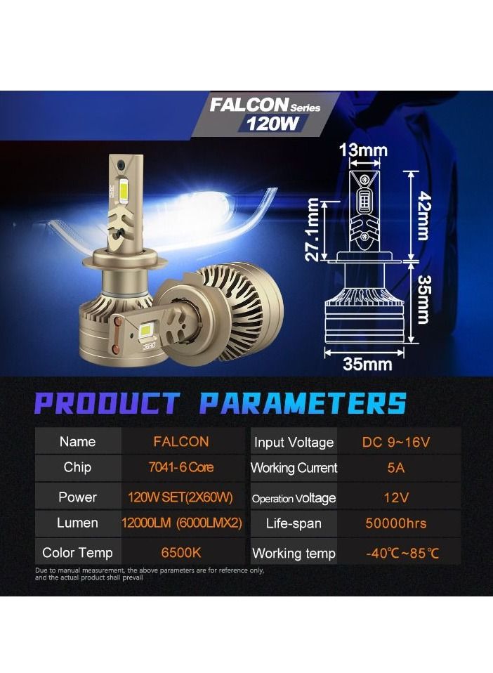 DXB-C Falcon H11/H8/H9 LED Car Headlight Bulbs, 120W 12000LM 300% Extremely Bright Light, 6500K Cool White LED Bulb for Low Beam and High Beam Headlights, Plug and Play, IP68 - Pack of 2 - Image 3