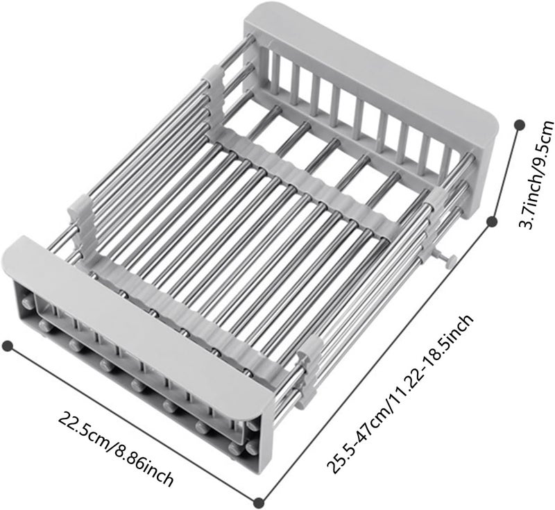 رف تجفيف الأطباق القابل للتوسيع فوق الحوض، سلة تصريف قابلة للتعديل من الفولاذ المقاوم للصدأ، صينية تصريف، منظم حوض المطبخ الوظيفي للخضروات والفواكه (رمادي) - Image 2