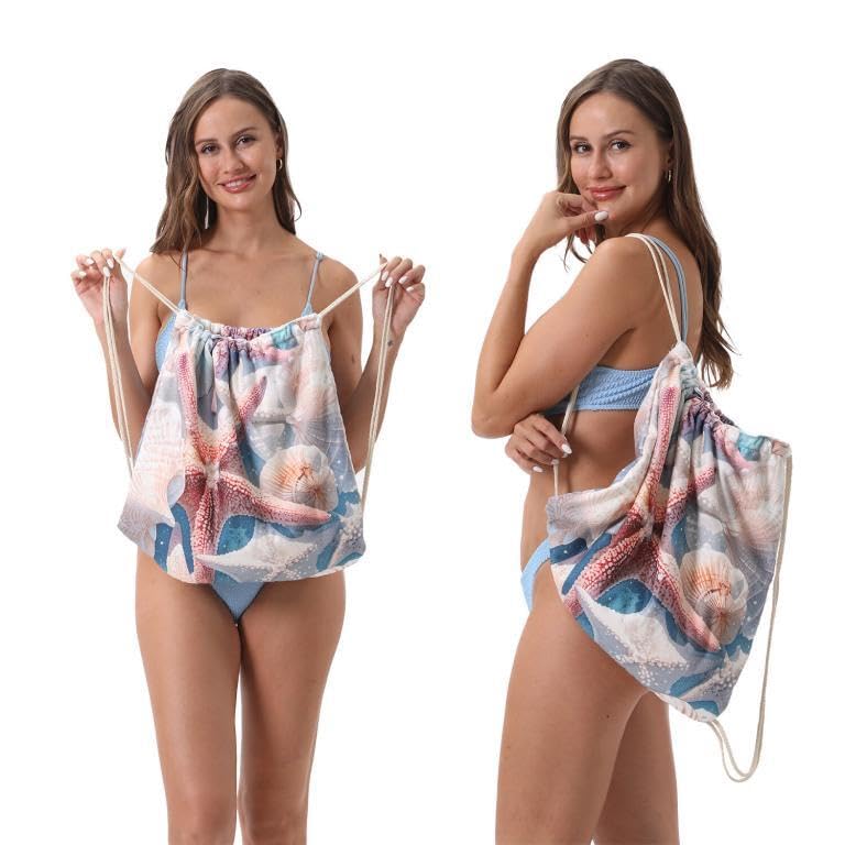 NESTIC NESTIC Beach Towel and Integrated Bag Portable Storage Backpack Printed Bath Towel, Soft and Absorbent Large Bath Towel perfect for beach outings (Off White Starfish, 140 x 70)  - Image 2