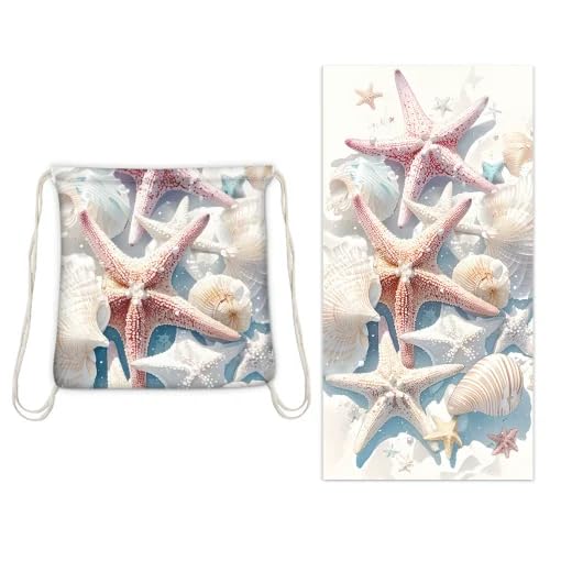 NESTIC NESTIC Beach Towel and Integrated Bag Portable Storage Backpack Printed Bath Towel, Soft and Absorbent Large Bath Towel perfect for beach outings (Off White Starfish, 140 x 70)  - Image 1