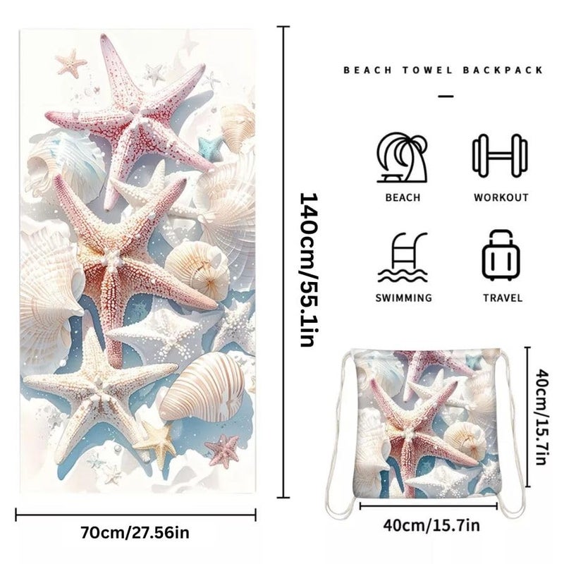 NESTIC NESTIC Beach Towel and Integrated Bag Portable Storage Backpack Printed Bath Towel, Soft and Absorbent Large Bath Towel perfect for beach outings (Off White Starfish, 140 x 70)  - Image 3