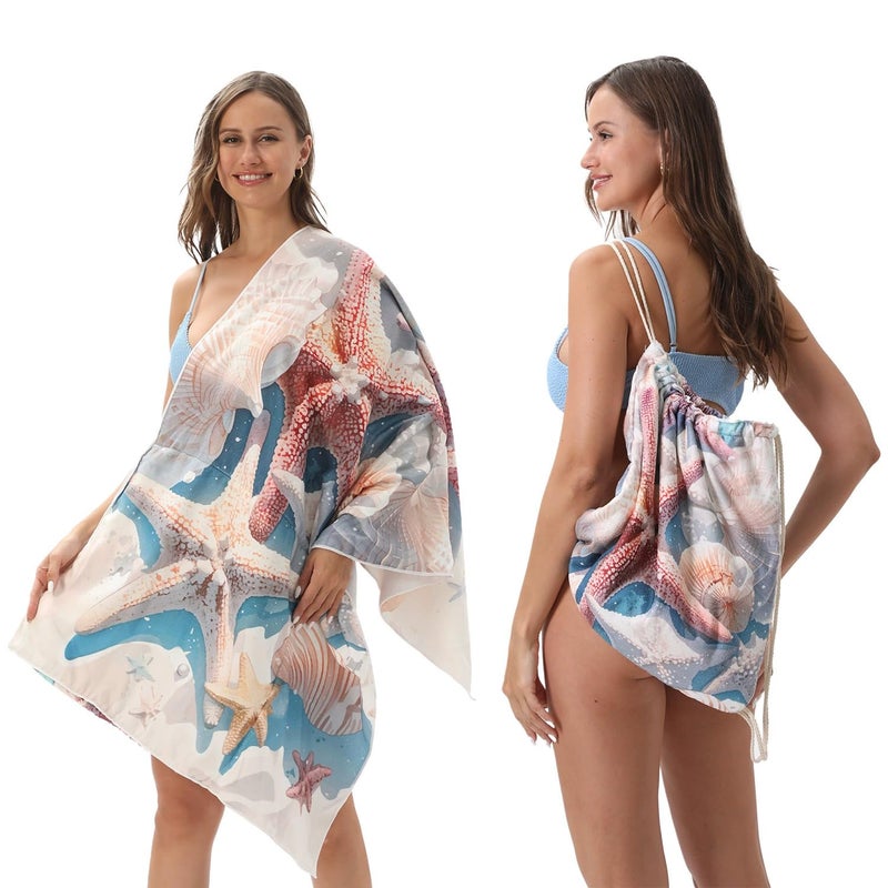 NESTIC NESTIC Beach Towel and Integrated Bag Portable Storage Backpack Printed Bath Towel, Soft and Absorbent Large Bath Towel perfect for beach outings (Off White Starfish, 140 x 70)  - Image 4