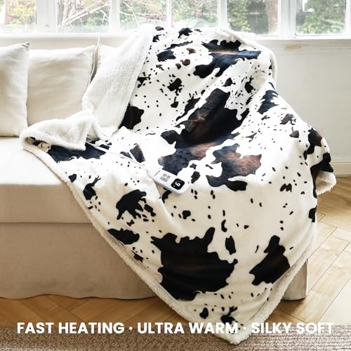 blunique Cow Print Heated Throw Blanket Electric Blanket-Heating Blanket Throw with 10 Heat Levels & 10 Hours Auto Off, Cozy Soft Fleece Sherpa, Washable, 50 x 60 Inches Cow Print White - Image 2