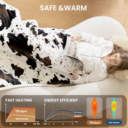 blunique Cow Print Heated Throw Blanket Electric Blanket-Heating Blanket Throw with 10 Heat Levels & 10 Hours Auto Off, Cozy Soft Fleece Sherpa, Washable, 50 x 60 Inches Cow Print White - Image 3
